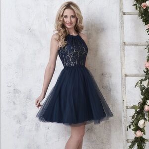 Christina Wu Navy Tulle Mini Dress Blue 10